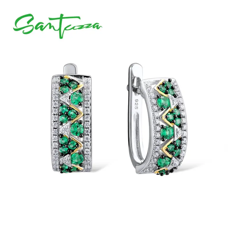 Женские круглые серьги гвоздики SANTUZZA из серебра 925 пробы с зеленым и белым