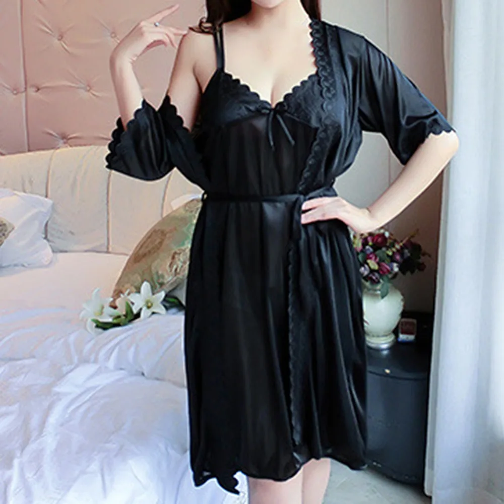 

Women Silk Sleepwear Set Robe Nightdress Bathrobe Sexy Pajamas Summer Ladies All-light Ice Silk Gown Two-piece Embossed Bathrobe