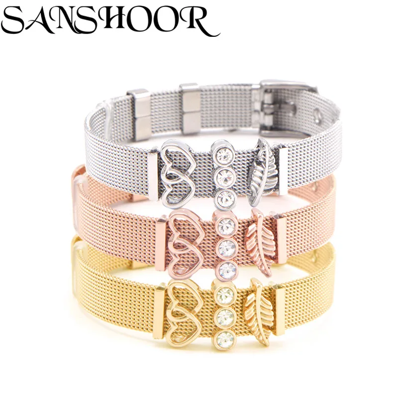 

SANSHOOR Jewelry Crystal Rhinestone Sparkling Trio Interlocking Double Hearts Tree Leaves Stainless Steel Mesh Bracelet Set