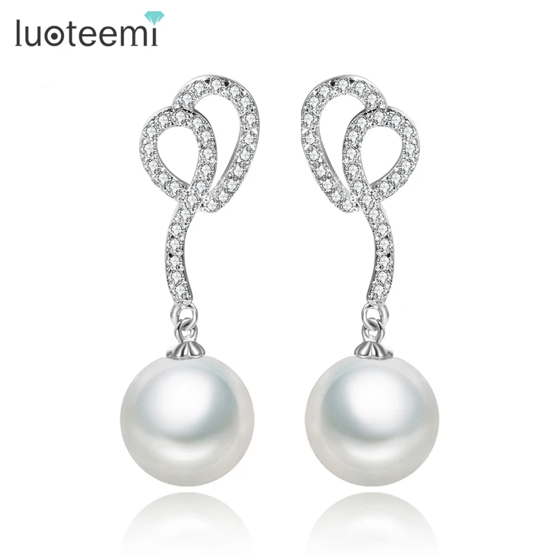 

LUOTEEMI High Quality AAA Cubic Zirconia Long Drop Earrings White Gold-Color White Imitation Pearl Bridal Brincos Jewelry Gift