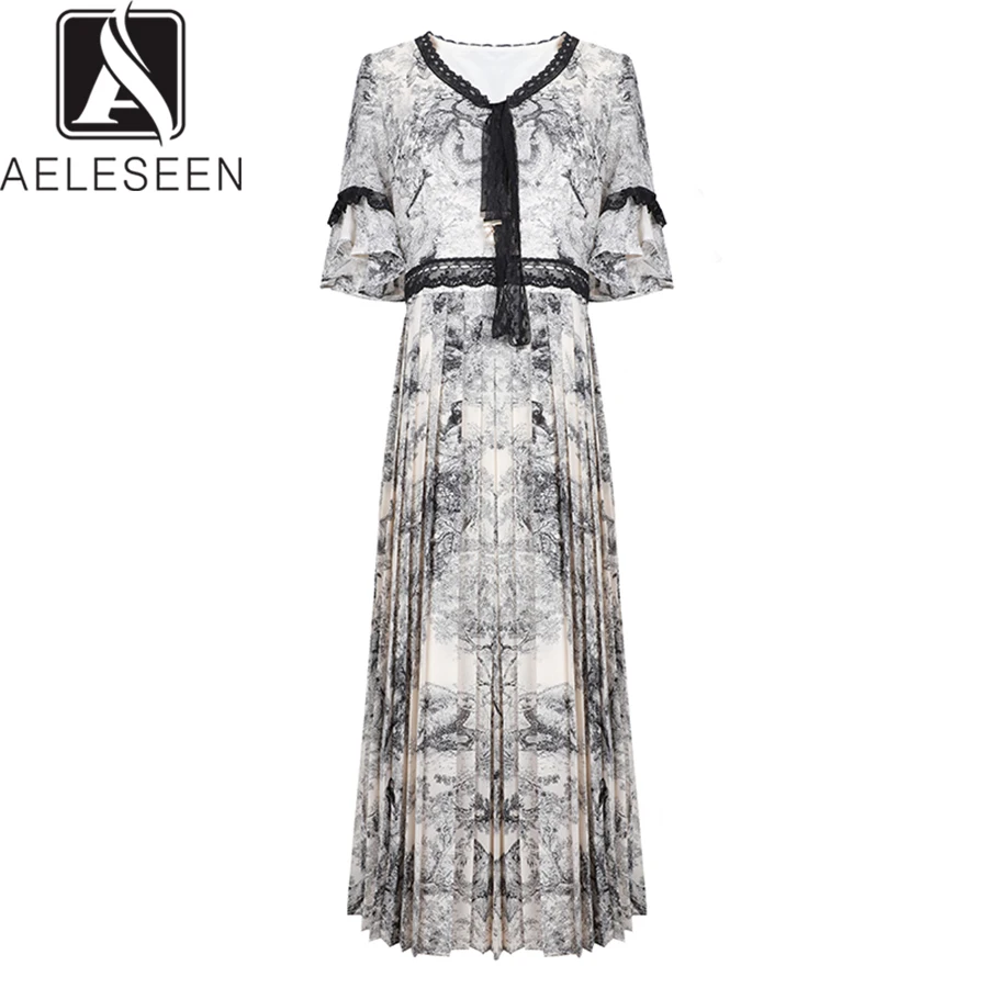

AELESEEN 2019 Summer Runway Design Vintage Ink Painting Print Dresses Women Elegant Petal Sleeve Lace Pleated Mid-Calf Dress