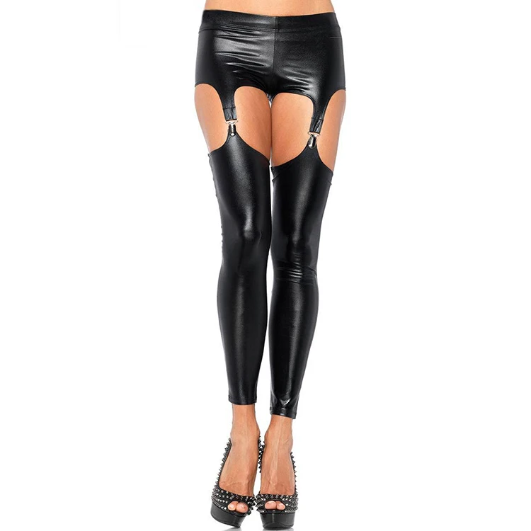 

Black Latex Thigh High Sexy Stockings with Garter Belt Suspender Gothic Fitness Faux Leather Latex Leggings Wet Look Fetish Wear