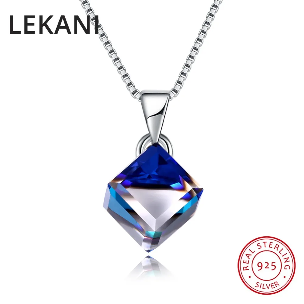 LEKANI Crystals From Swarovski Blue Cube Pendant Necklace Simple Trendy Collars Real S925 Silver Fine Jewelry For Women Girls