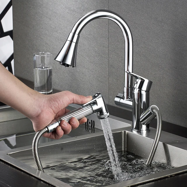 Best Quality 360 Rotate Swivel Kitchen Faucets 2 Outlet Sink Mixer Taps Pull Out Spray Bidet Head Tap & 2 Hose Water Mixer Deck Mounted