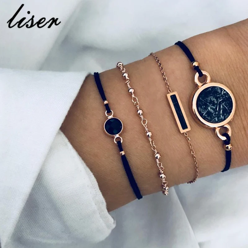 

4 PCS Bohemia Chain & Link Bracelets Bangles Sets For Women Black Stone Charm Bracelets Jewelry Gifts New 2019 New Statement