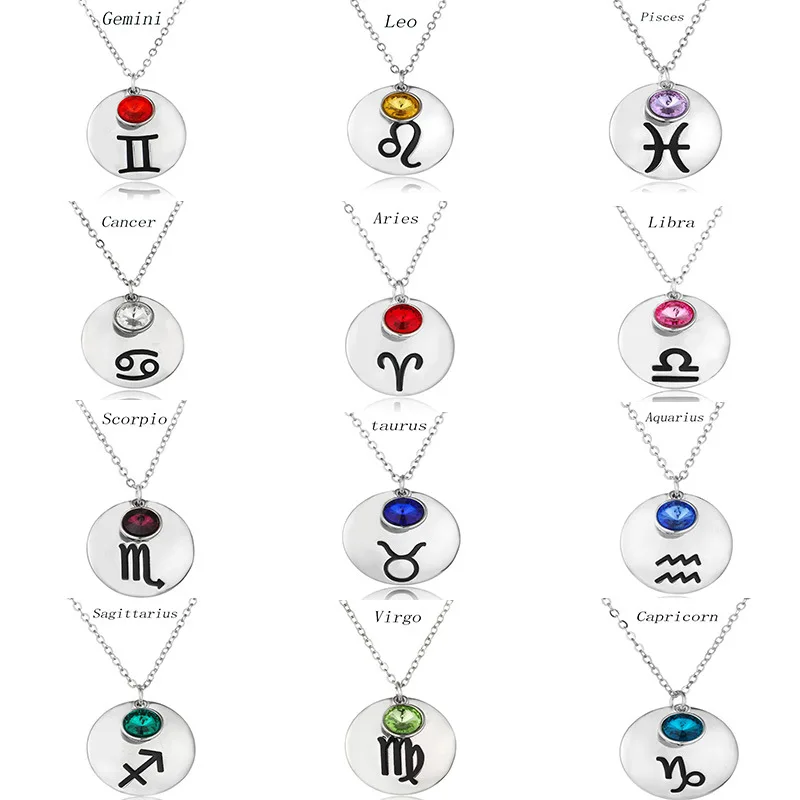 12 Zodiac Signs Constellation Necklace Round Colorful Birthday Stone