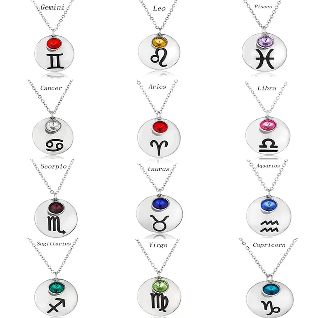 12 Zodiac Signs Constellation Necklace Round Colorful Birthday Stone