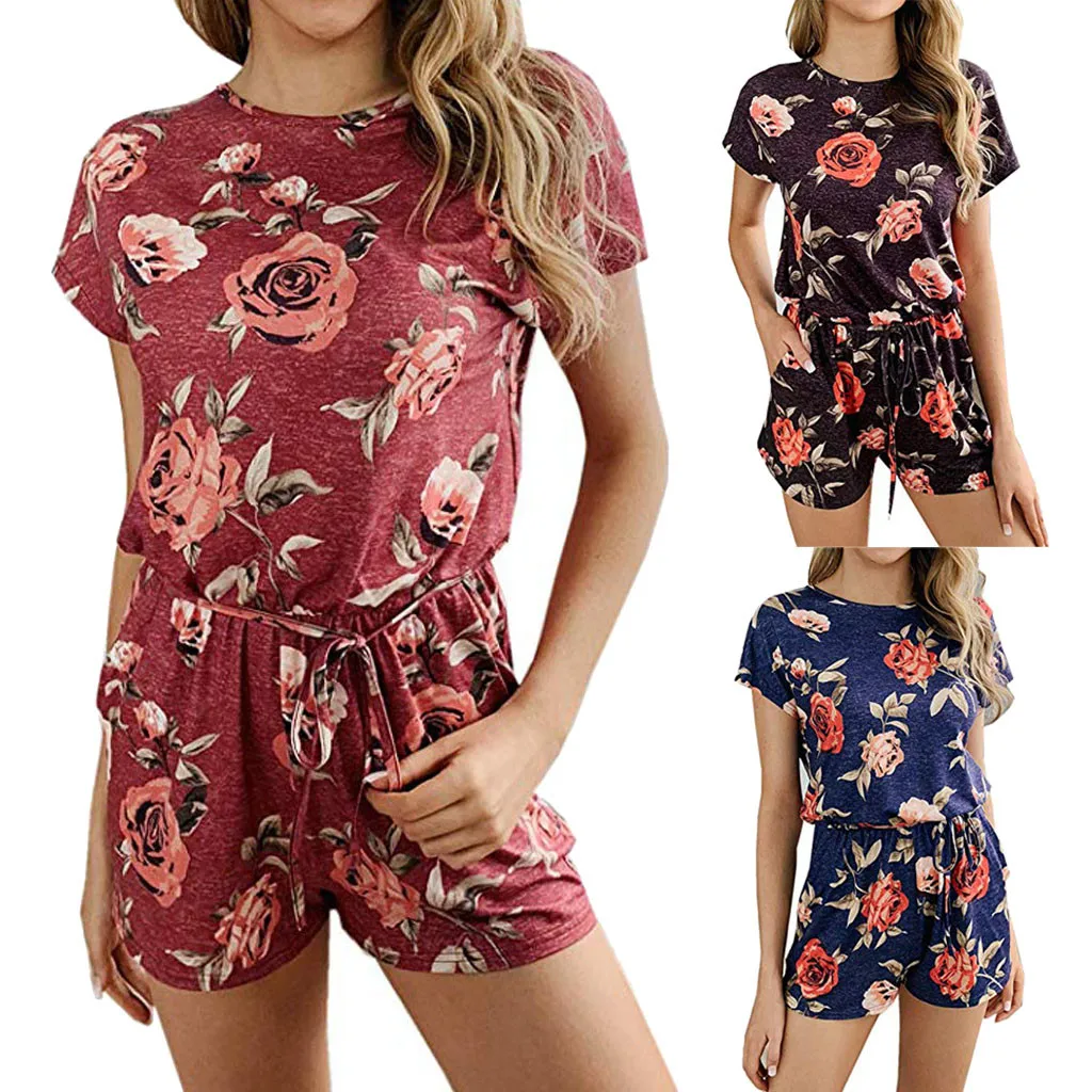 

women's suit jumpsuit Overalls for women bodysuit Women Summer Floral Printing Lace Up Short Sleeve Rompers Jumpsuit Playsuit