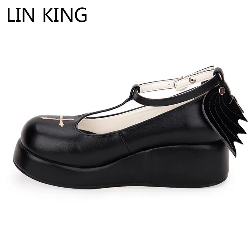 

LIN KING Sping Autumn Women Wedge Pumps Buckle Round Toe Platform Shoes Casaul Angel Wing Lolita Shoes Lady Cosplay Party Shoes