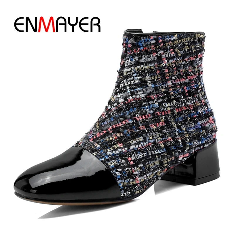

ENMAYER New Style women color block square toe high heel zip ankle boots lad square heel boots ZYL740