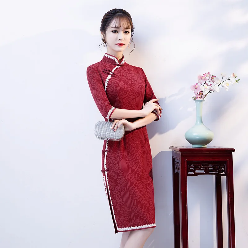 Longitud Collar Señoras Parte Chino S Borgoña La Cheongsam Vestido 2019 Qipao Slim Mandarín Mujer De xxxl Rodilla Estilo YzrYAwq
