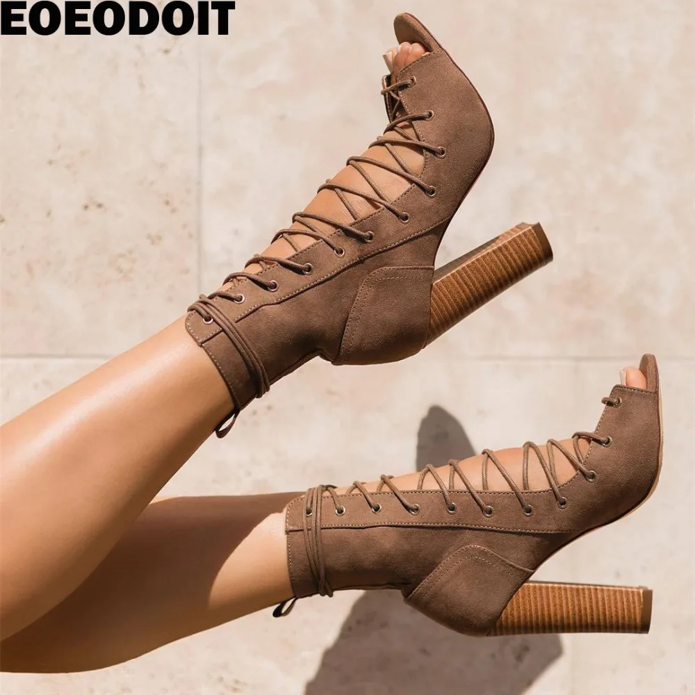 

EOEODOIT Ultra High Block Chunky Heel Boots Spring Summer Autumn Nubuck Leather Peep Toe Lace Up Pumps Women Sandals Thick Heel