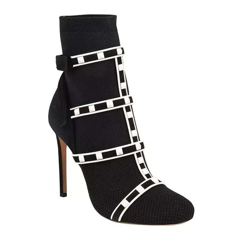 Jady/женские ботильоны с заклепками и шипами; пикантная обувь на высоком каблуке 10 см; Botas Mujer; женские туфли-лодочки; пикантные черные вязаные ботиночки - Цвет: Black White Rivets