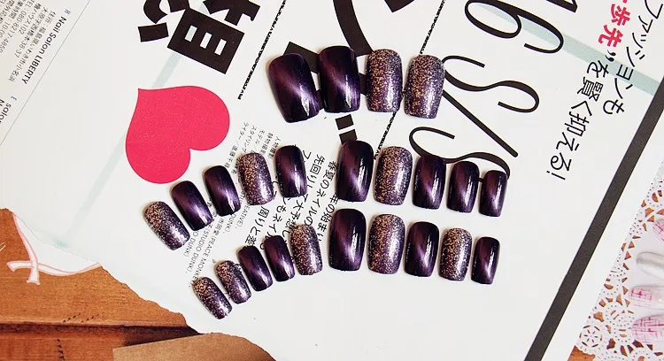 Brillante Color De La Astilla Con Ojo De Gato Purpura Gel Uv Falsas Unas Acrilicas 24 Unids Con Pegamento Estrellado Serie Jpanese Dama Llena De Unas Unas Postizas Consejos Gel Nail Polish Natural