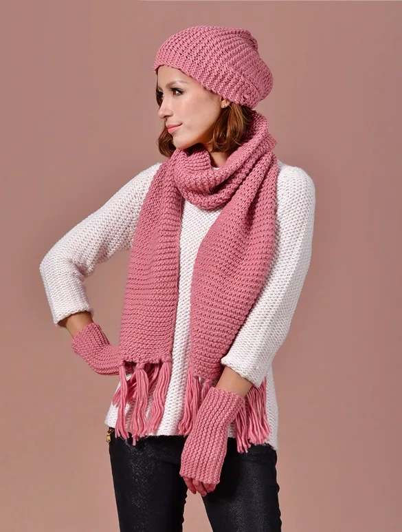 3 шт. женская модная шляпа + шарф + перчатки/комплект зимние уличные женские теплые шарфы шерстяные вязанные шапки перчатки