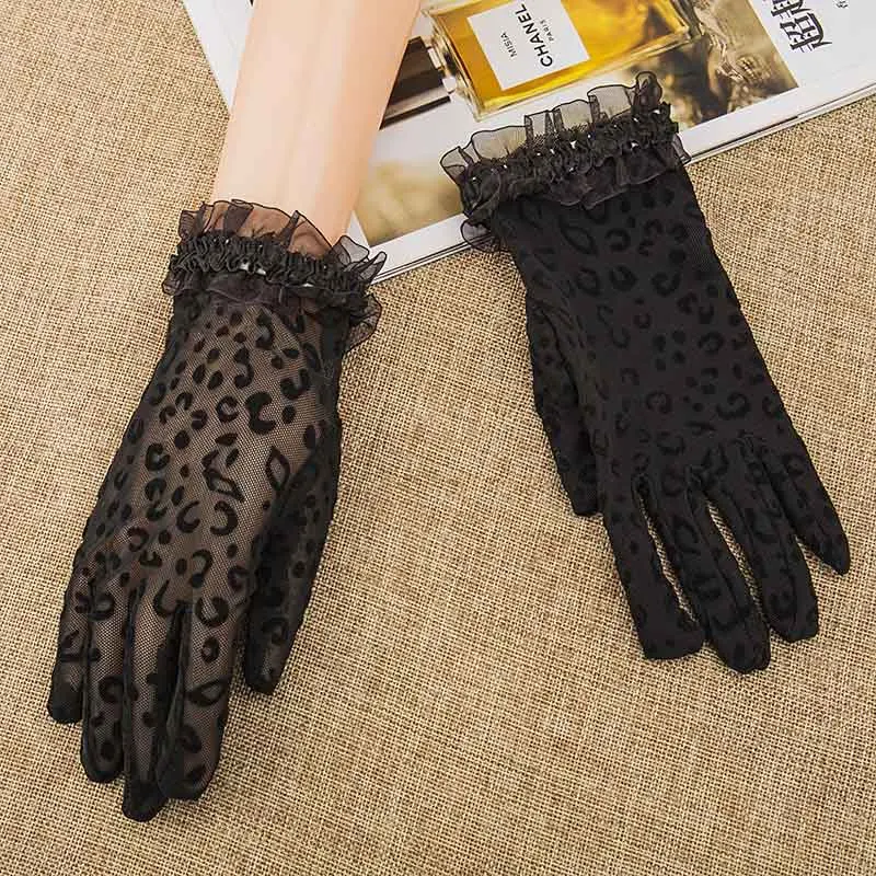 Модные летние женские перчатки кружевные перчатки автомобильные УФ защита дышащие леопардовые черные рукавицы женские танцевальные перчатки для вождения