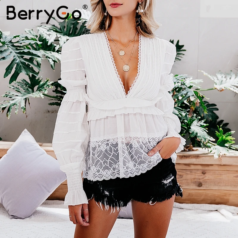BerryGo, винтажная кружевная блузка, женские блузки, рубашки, топы, v-образный вырез, с рюшами, с пышными рукавами, блузка, рубашки, уличная мода, хлопок, топы