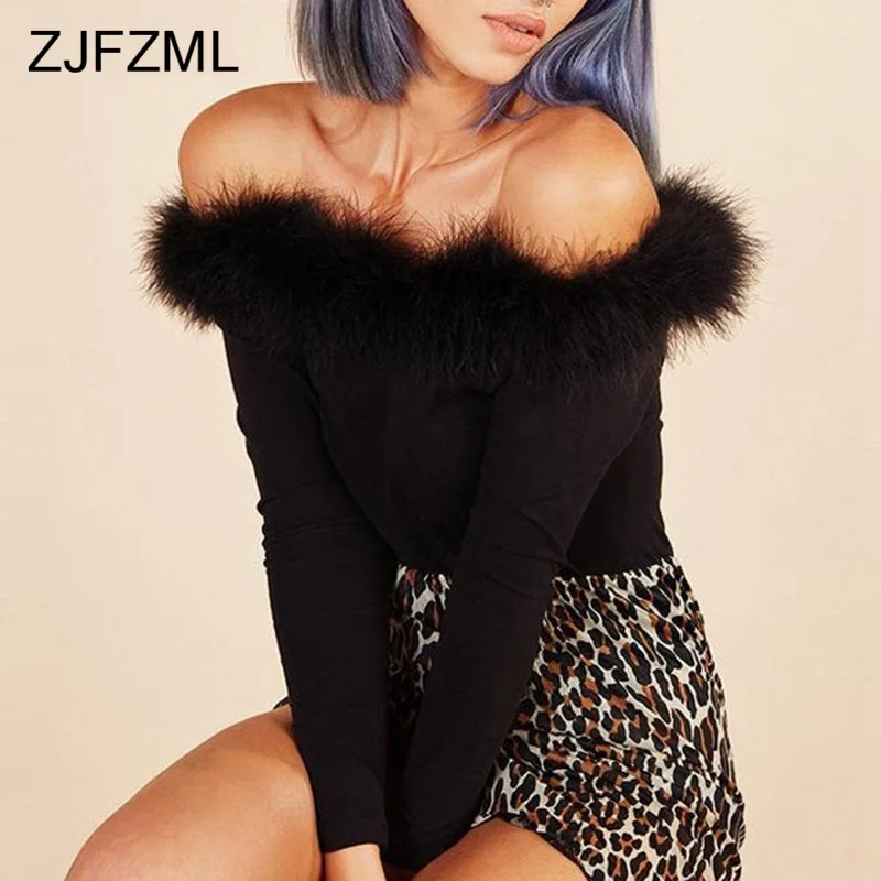 Autumn Off Shoulder Skinny Sexy Bodysuit 2018 Winter Long Sleeve Fluffy Rabbit Fur Patchwork Romper Women Black Causal Bodysuit