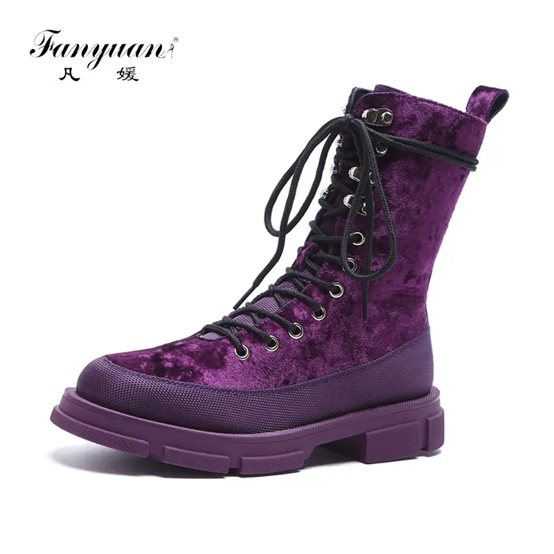 

Fanyuan Women Boots Autumn Shoes Genuine Leather Thick bottom Motorcycle Boots Solid Lace-Up Flat Platform Mid-Calf boots