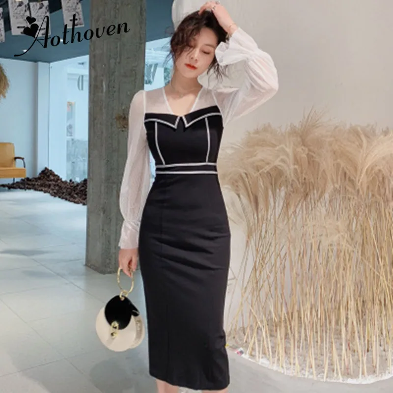 

Spring Women Sexy Party Dress V Neck Full Flare Sleeve Bandage Bodycon Dresses Vestidos Elegant Mesh Patchwork Mid-Calf Dress