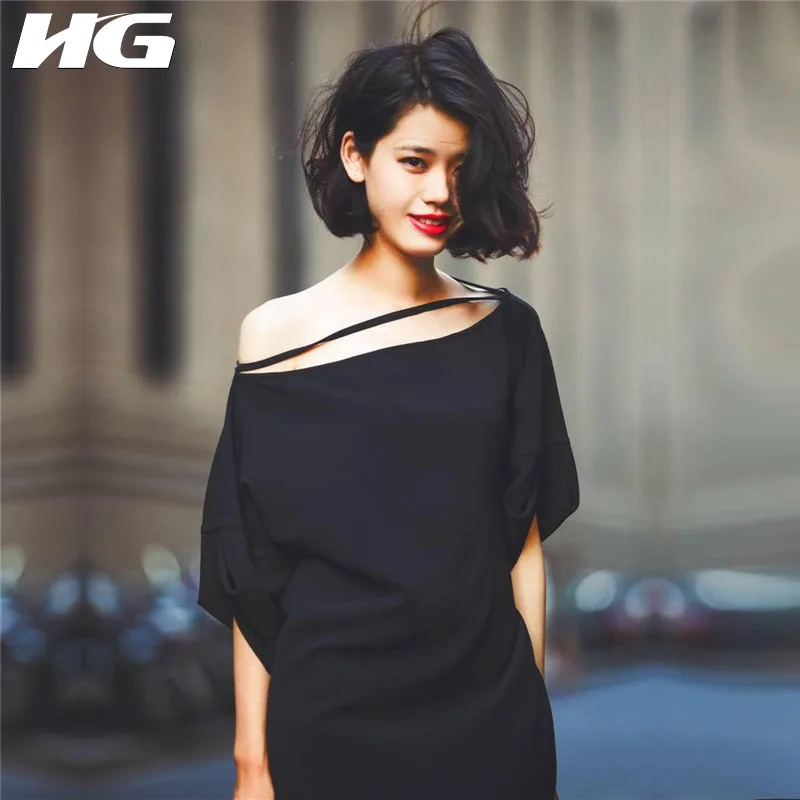 

[HG] 2019 Summer Spring Fashion New Women Slash Neck Full Sleeve Original Design Pullover Solid Loose Above Knee Dress LYH2759