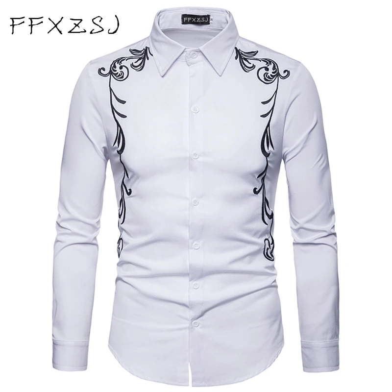 FFXZSJ brand Spring Royal Court Style Solid  Floral  Embroidered  Solid Dress Lapel shirt Slim Fit Casual Long Sleeve men Shirt 