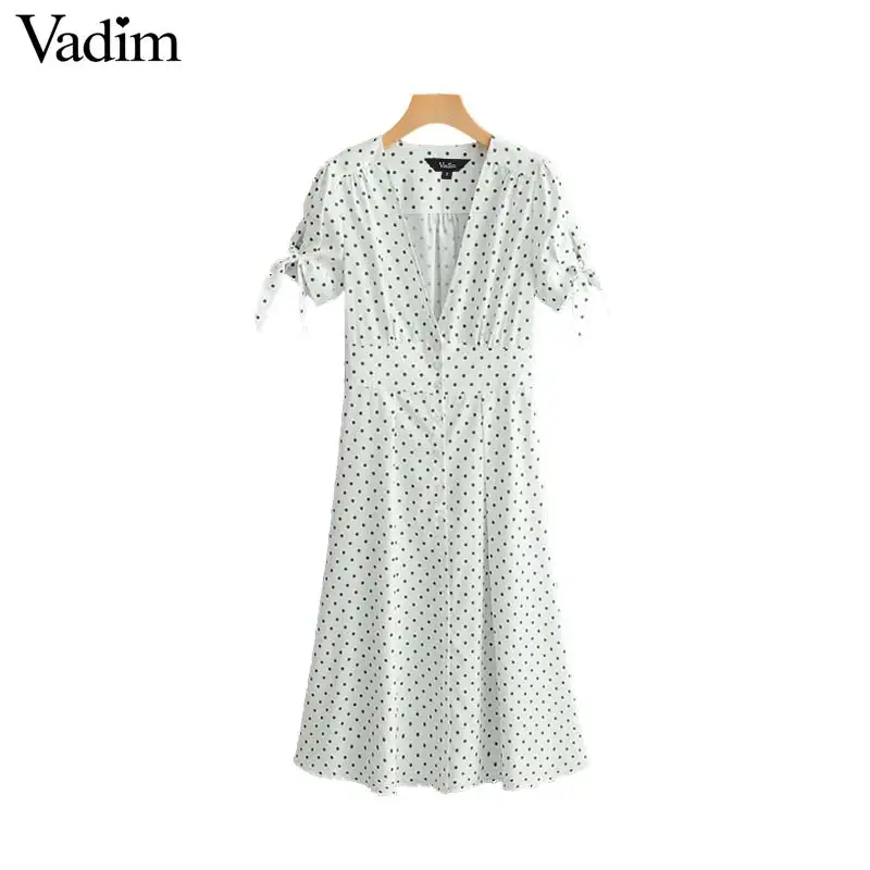 

Vadim women polka dot print dress sexy deep V neck sweet bow tie casual A line female ankle length dresses vestidos QB865