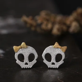 

925 Sterling Silver Bow Skull Stud Earrings For Women Personality Fashion Girl Gift Prevent Allergy Sterling-silver-jewelry