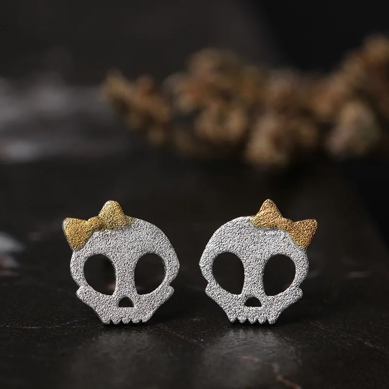 Женские серьги гвоздики из серебра 925 пробы с бантом и черепом|skull stud earrings|fashion