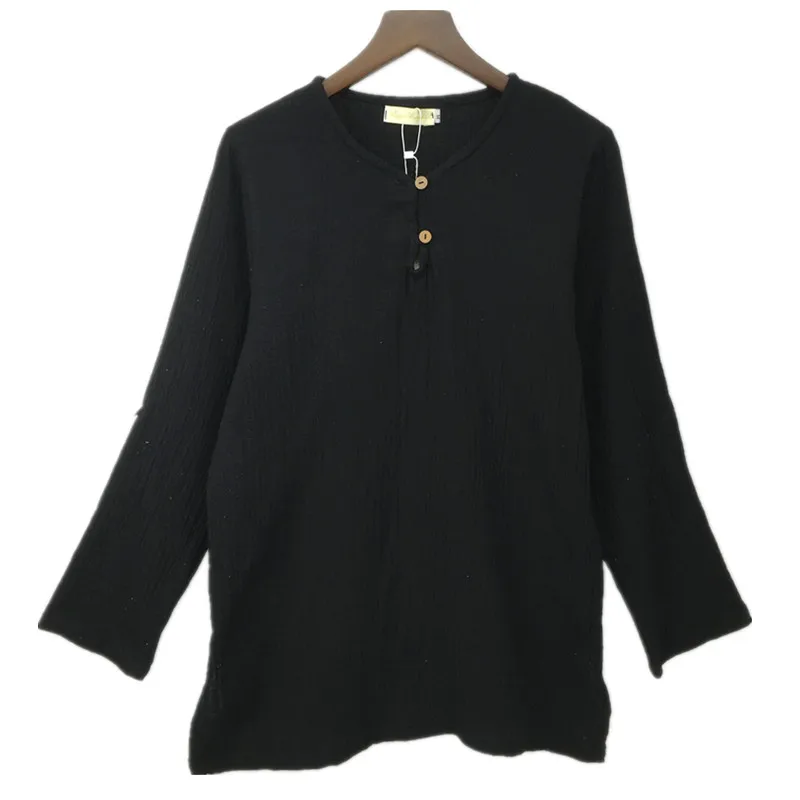 Весенне-осенняя хлопковая льняная футболка с длинными рукавами, 12 цветов, одежда размера плюс S-5XL 6XL, футболки, женские рубашки, camisetas femininas - Цвет: Черный