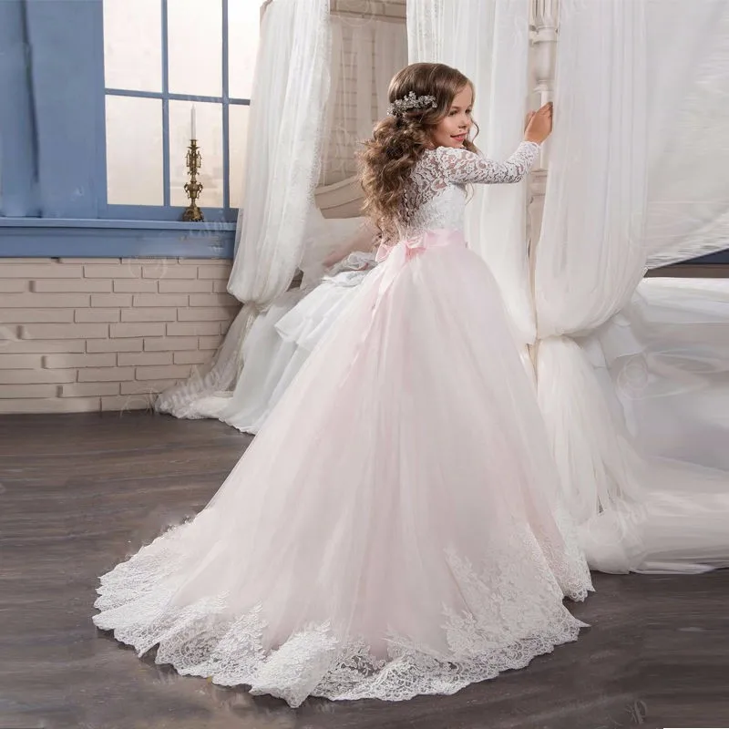 

Princess Baby Flower Girls Dresses For Weddings With Pearls Beaded Sash Little Kids Floor Length Ball Gowns Pageant Dress