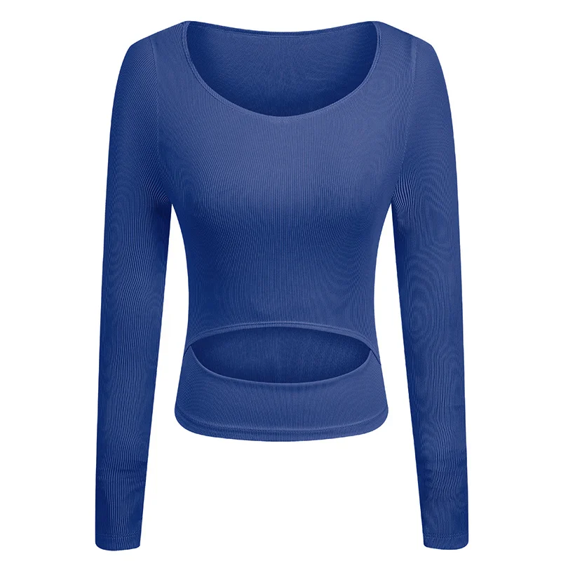 Oyoo, супер мягкие трикотажные ребристые рубашки для йоги с отверстием для большого пальца, сексуальные укороченные топы для тренировок, обтягивающие спортивные рубашки, Сексуальная Спортивная одежда - Цвет: Тёмно-синий