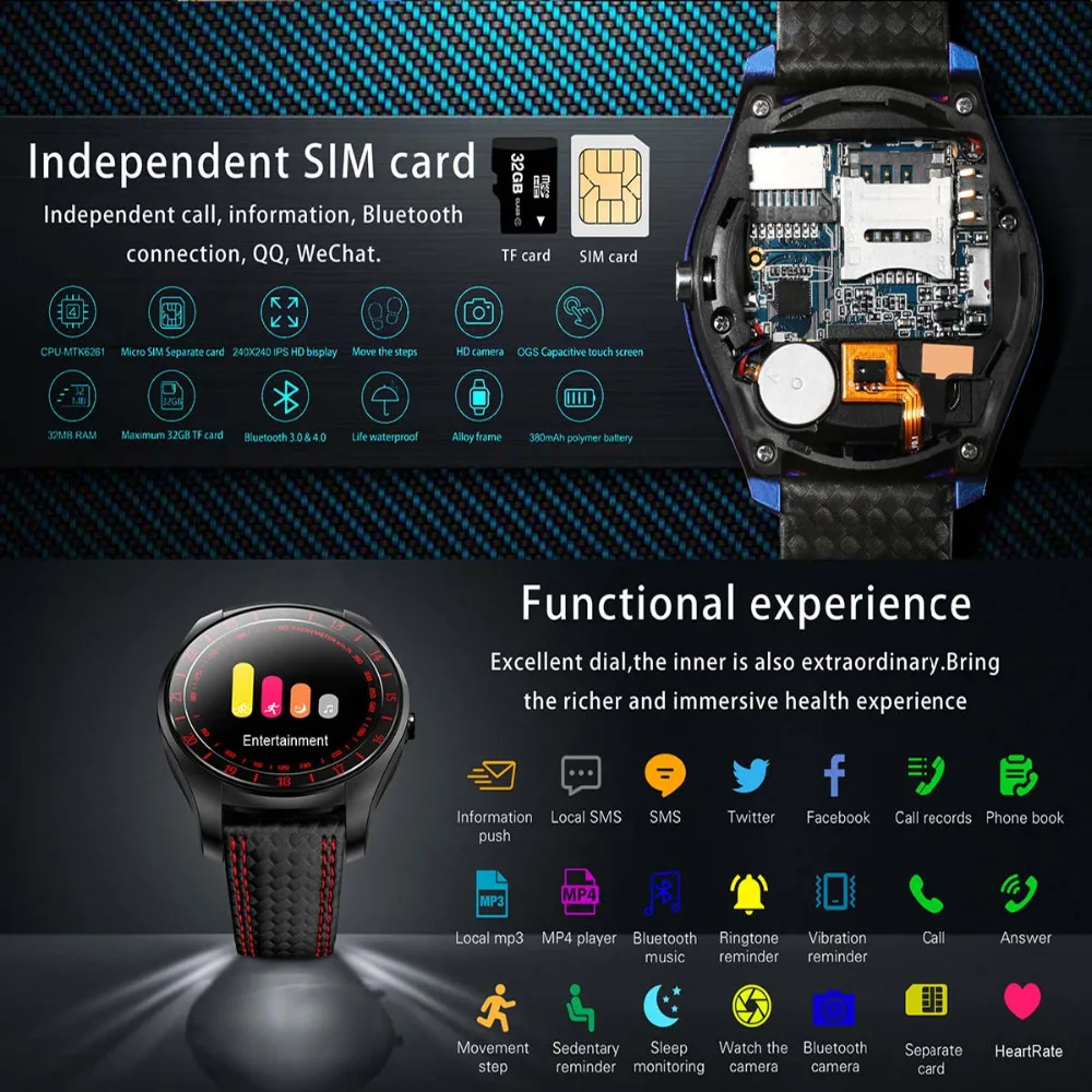 A1 Bluetooth Smart Watch Phone Sport Smartwatch Pedometer Heart Rate Monitor SIM Card Wristwatch for Huawei Mate S 9 8e 7 8 Plus