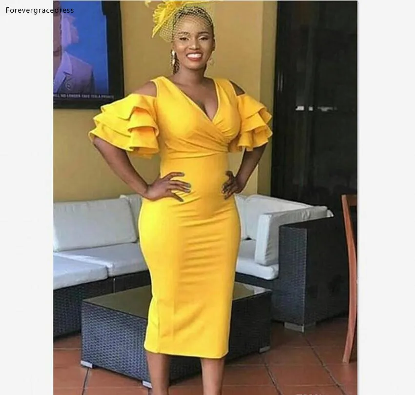 Tea Length Yellow Cocktail Prom Dresses 2019 Mermaid With Tiered Ruffles Short Sleeves 2019 Deep V Neck Informal Evening Gowns African  108 (2)