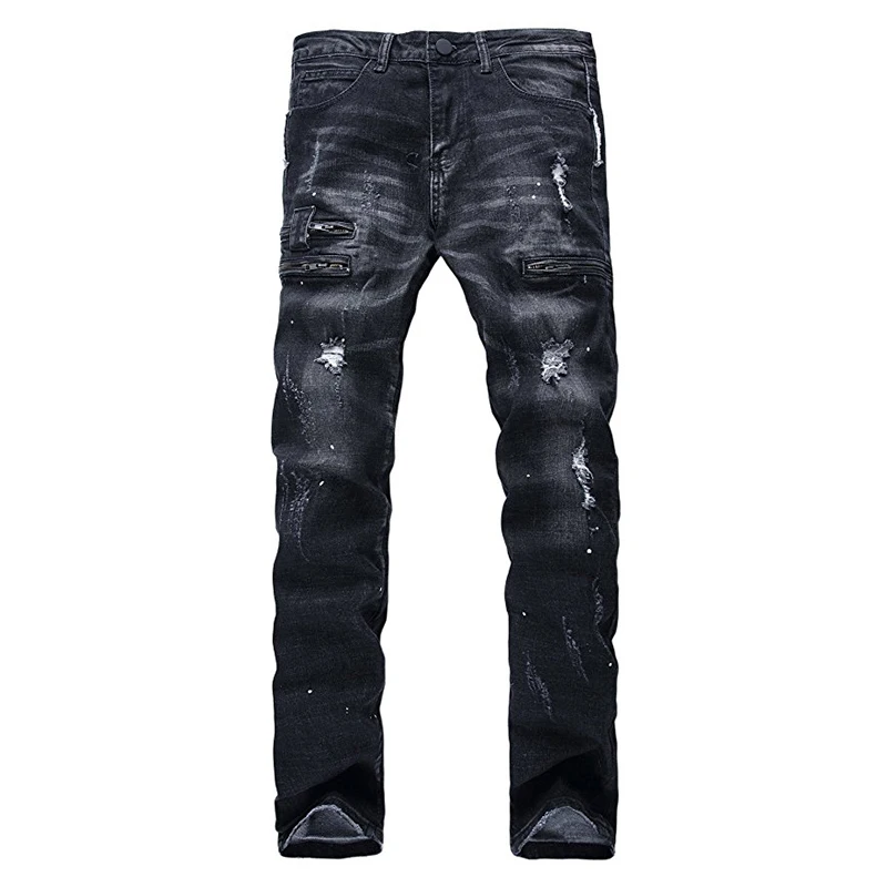 Hemiks Fashion Mens Ripped Biker Jeans Black Slim Fit Motorcycle Jeans