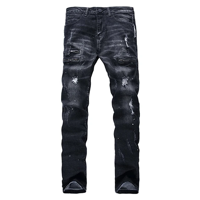 Hemiks Fashion Mens Ripped Biker Jeans Black Slim Fit Motorcycle Jeans M Vienntage Distressed