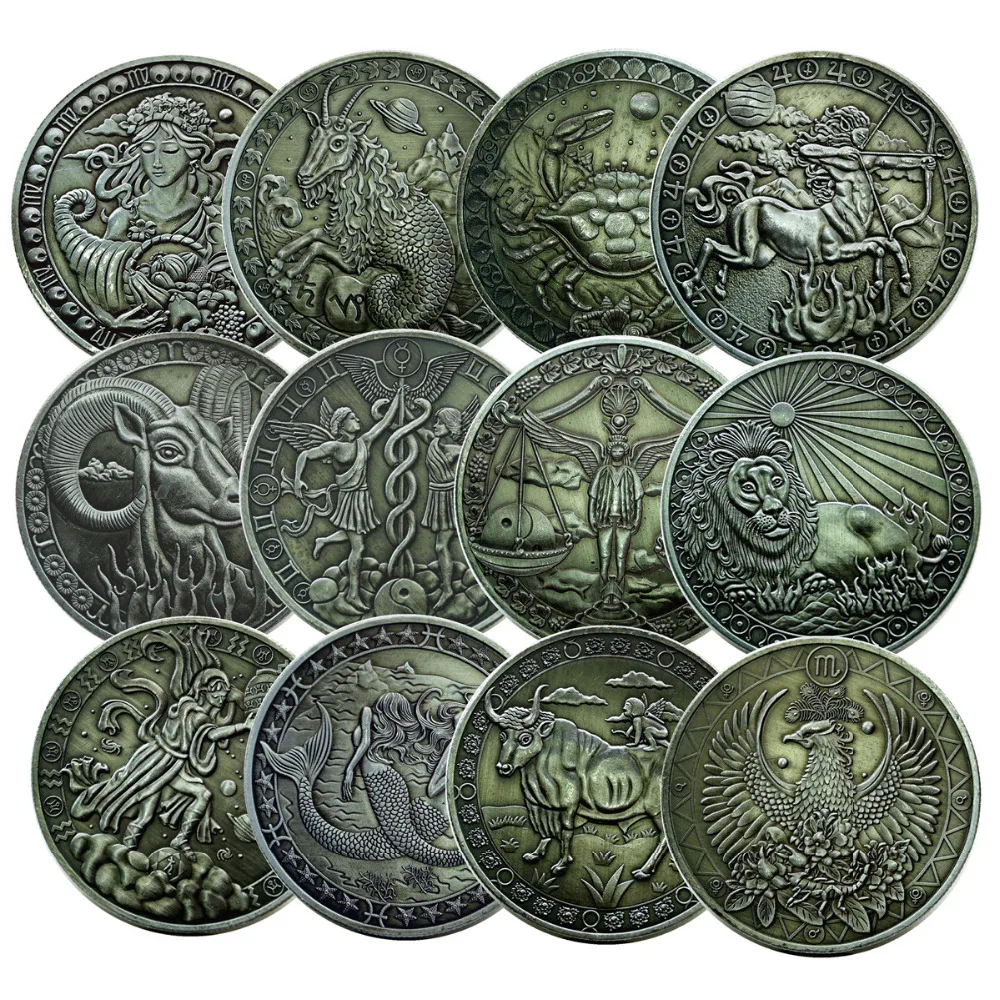 

12pcs Europe and America Twelve constellations coin Ancient silver coin Tarot Wishing Sun God Commemorative Coin