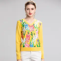 Новый модный дизайнерский костюм свитер Женская гиацинт с цветочным принтом лоскутное V образным вырезом повседневное желтый шерстяной