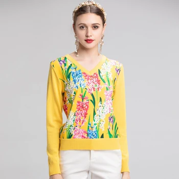 

New Runway Fashion Designer Sweater Women's Hyacinth Flower Printed Patchwork V Neck Casual Yellow Wool Sweater Top Shirts