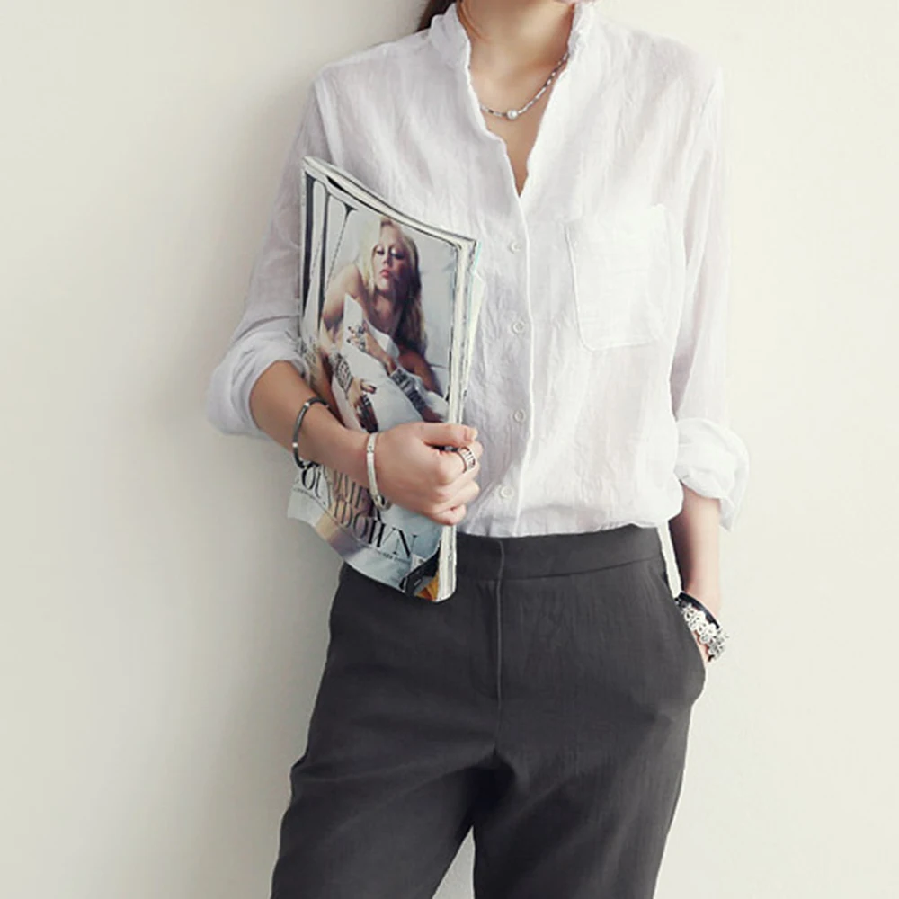 Chemisier Femme женские топы мода осень льняная белая рубашка женская блузка с длинным рукавом Корейская женская одежда Roupas Femininas