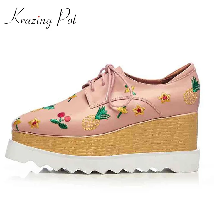 Krazing Pot 2018 cow leather wedges pineapple patterns shoes women summer style platform lace up platform young lady shoes L18