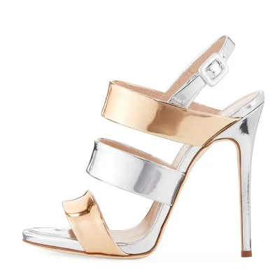 

Women Gold Silver Mixed Color Cut Out Sandals Fashion Mirror Leather Ankle Buckle Wrap Dress Shoes High Thin Heel Banquet Shoes