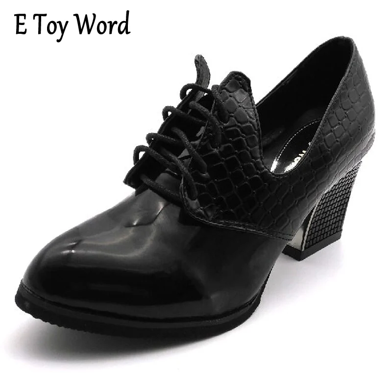 

E TOY WORD 2017 Fashion Preppy Style Small Leather Vintage Pointed Toe Thick Heel Lacing Single Shoes Fashion Women's Shoes
