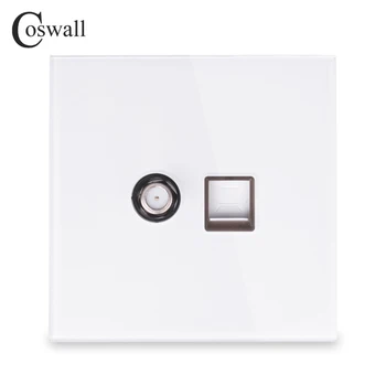 

Coswall 2018 New Arrival Crystal Tempered Glass Panel Wall Satellite Socket With Computer Internet RJ45 Data Outlet White