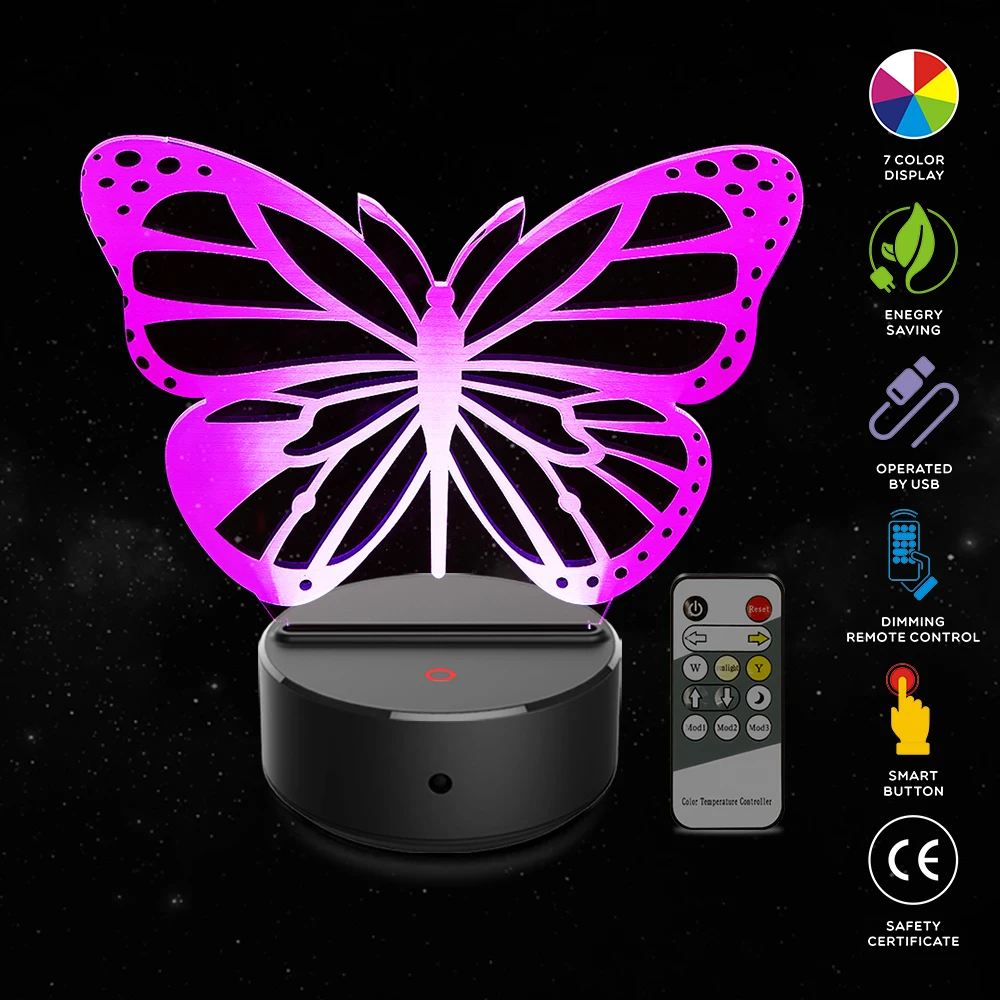 

Butterfly Shape 3D Illusion Lamp 7 Color Change Touch Switch LED Night Light Acrylic Desk lamp Atmosphere Lamp Novelty Lighting
