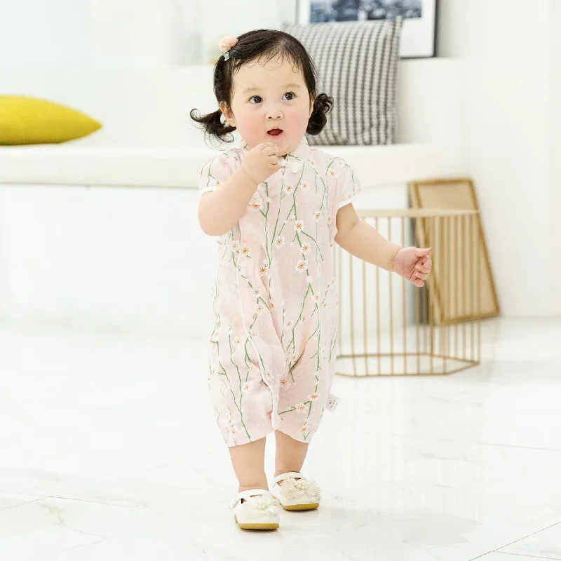 

Picturesque Childhood Newborn Rompers Baby Girl Cute Chinese Style Pink Plum Blossom Button Cheongsam Infant Clothes