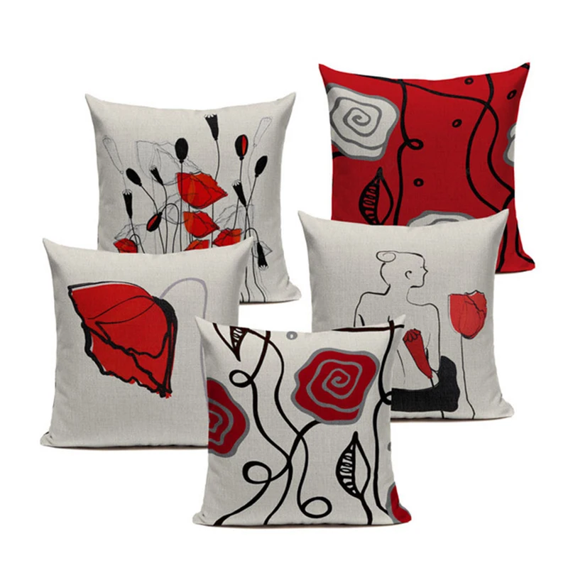 

Personality Creative Red Black Flowers Pillow Case Linen Cushion Cover Car Sofa Seat Waist Home Decor 4545cm Dropshipping
