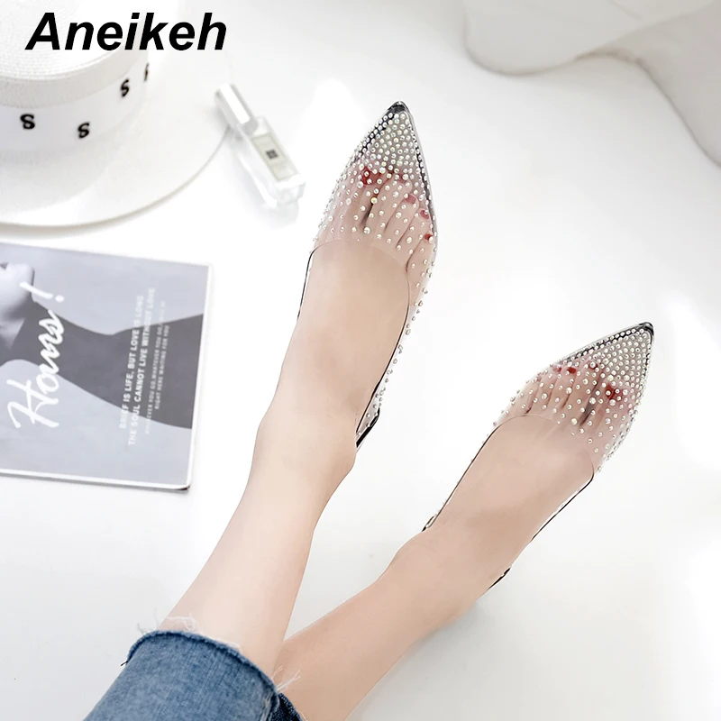 Aneikeh/ г. Лаконичные женские туфли на плоской подошве, из ПВХ, с бусинами, прозрачные, без шнуровки, однотонная повседневная обувь для вечеринок цвет черный, серебристый, Шампанский, Size35-40