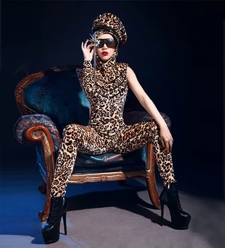 GAGA sexy topless leopard print jumpsuit party nightclub bar concert DJ singer/dancer costume