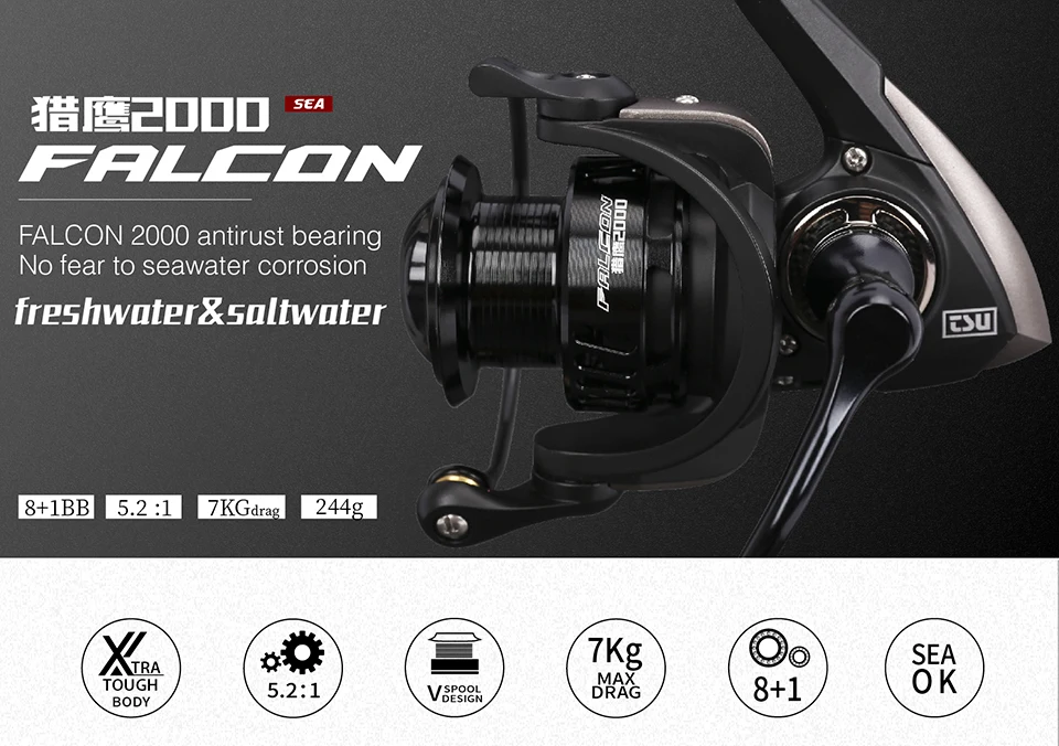 TSURINOYA FALCON2000 3000 8+1BB 5.2:1 Spinng Fishing Reel Metal Spool Spinning Reel Saltwater Long Casting Reel 7kg Drag Power